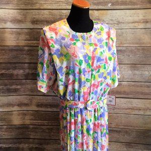 NWT Bright and Fun Retro Belted Floral Print 80's Dress